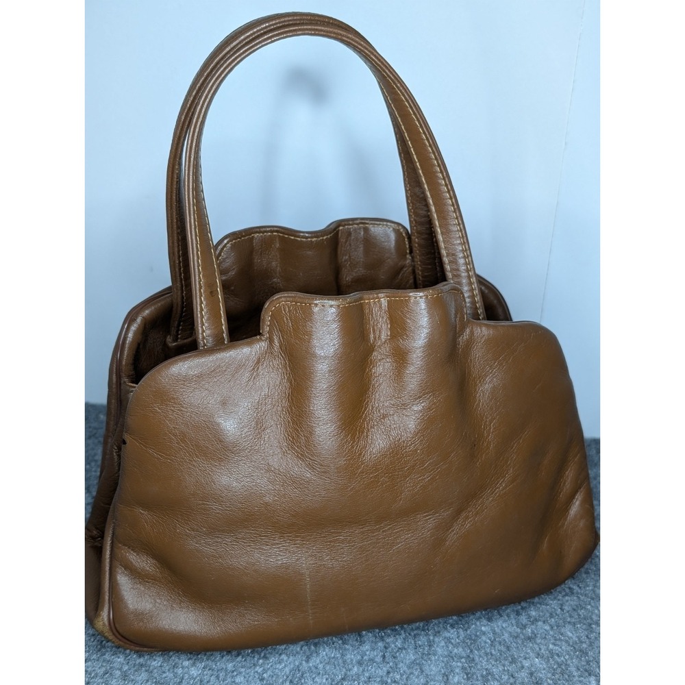 Vintage Clamshell Opening Small Handbag Brown Leather 1970s READ FLAWS